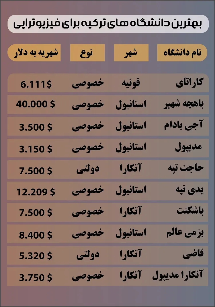 هزینه تحصیل در بهترین دانشگاه های خصوصی و دولتی فیزیوتراپی در ترکیه